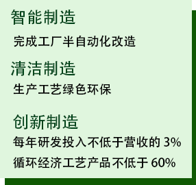 智能制造、清洁制造、创新制造——完成工厂半自动化改造，生产工艺绿色环保，每年研发投入不低于营收的 3%，循环经济工艺产品不低于 60%